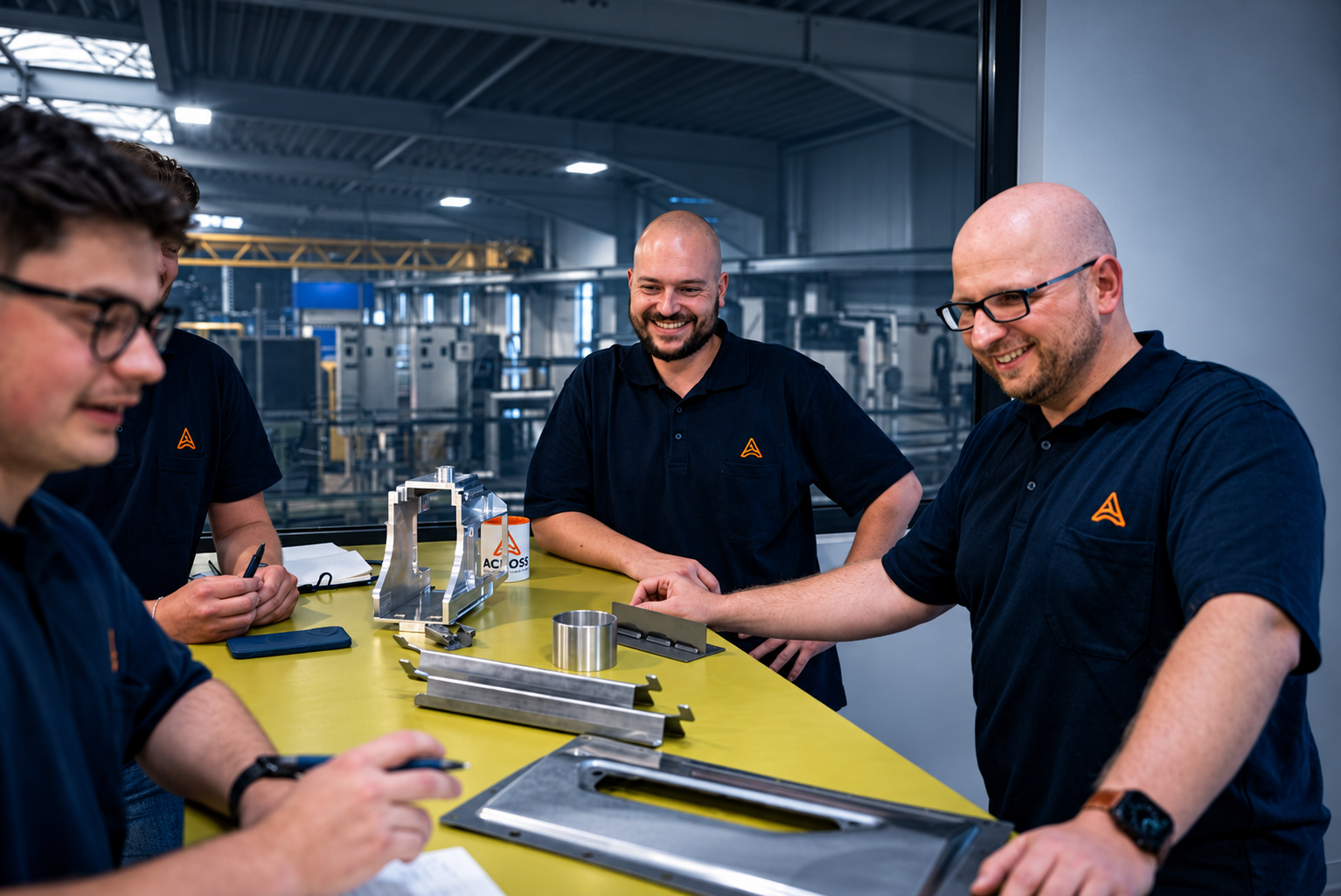 Mitarbeiter besprechen Metallbauteile bei ACROSS Solutions in Metal