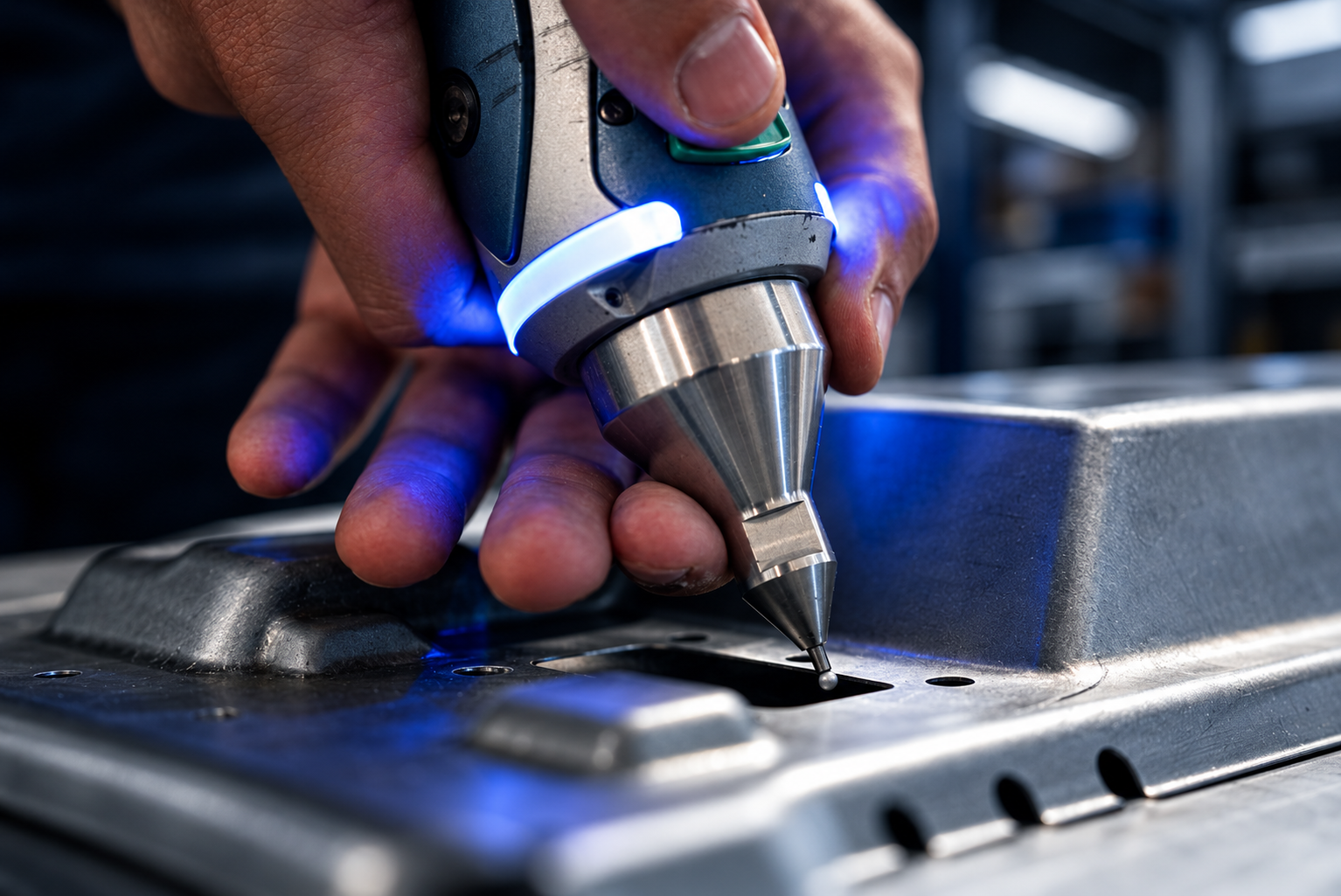 Handgeführtes Laserschweißgerät bei der Bearbeitung eines Metallbauteils bei ACROSS Solutions in Metal