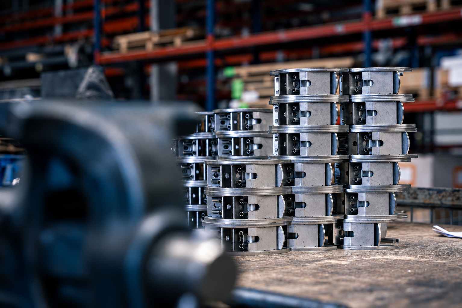 Gestapelte Metallbauteile aus der Serienfertigung bei ACROSS Solutions in Metal