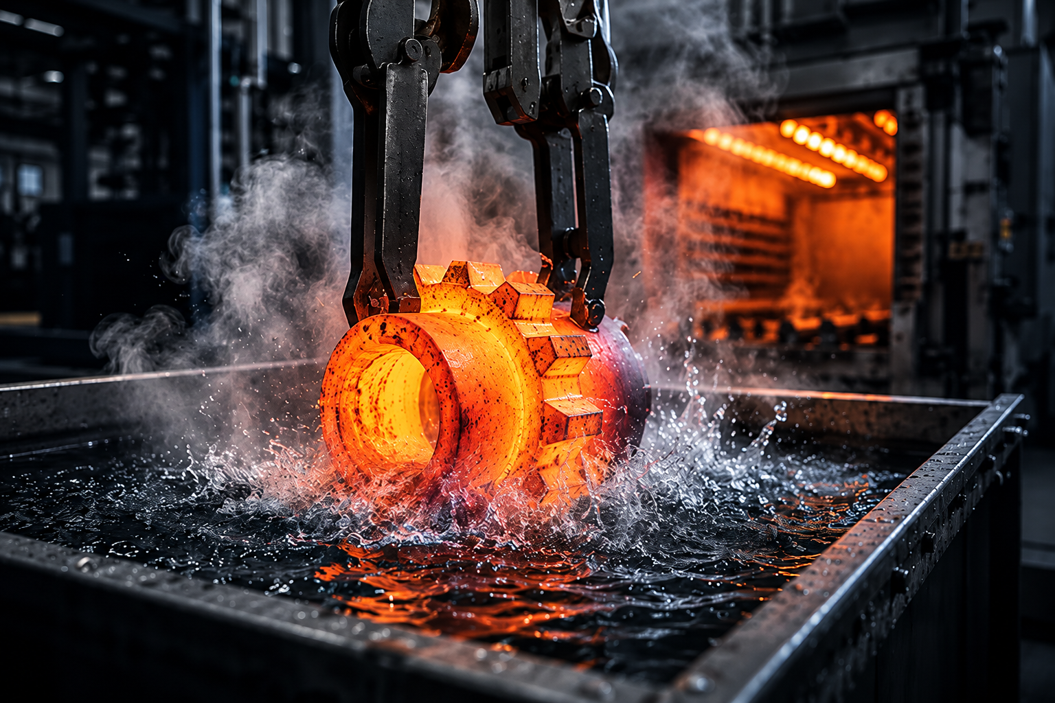Glühendes Metallbauteil beim Härten und Abschrecken