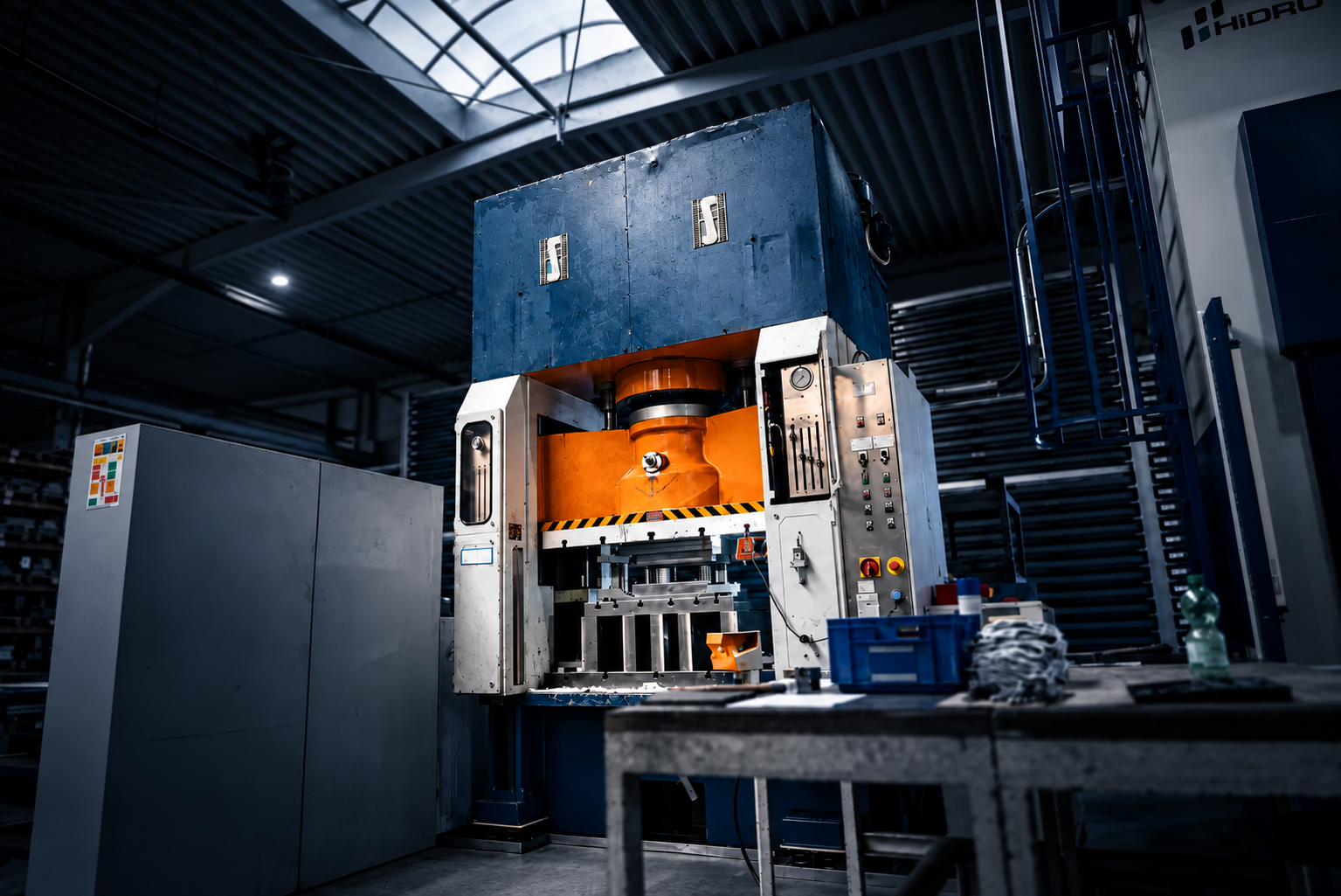 Hydraulische Presse mit orangefarbenem Werkzeug bei ACROSS Solutions in Metal
