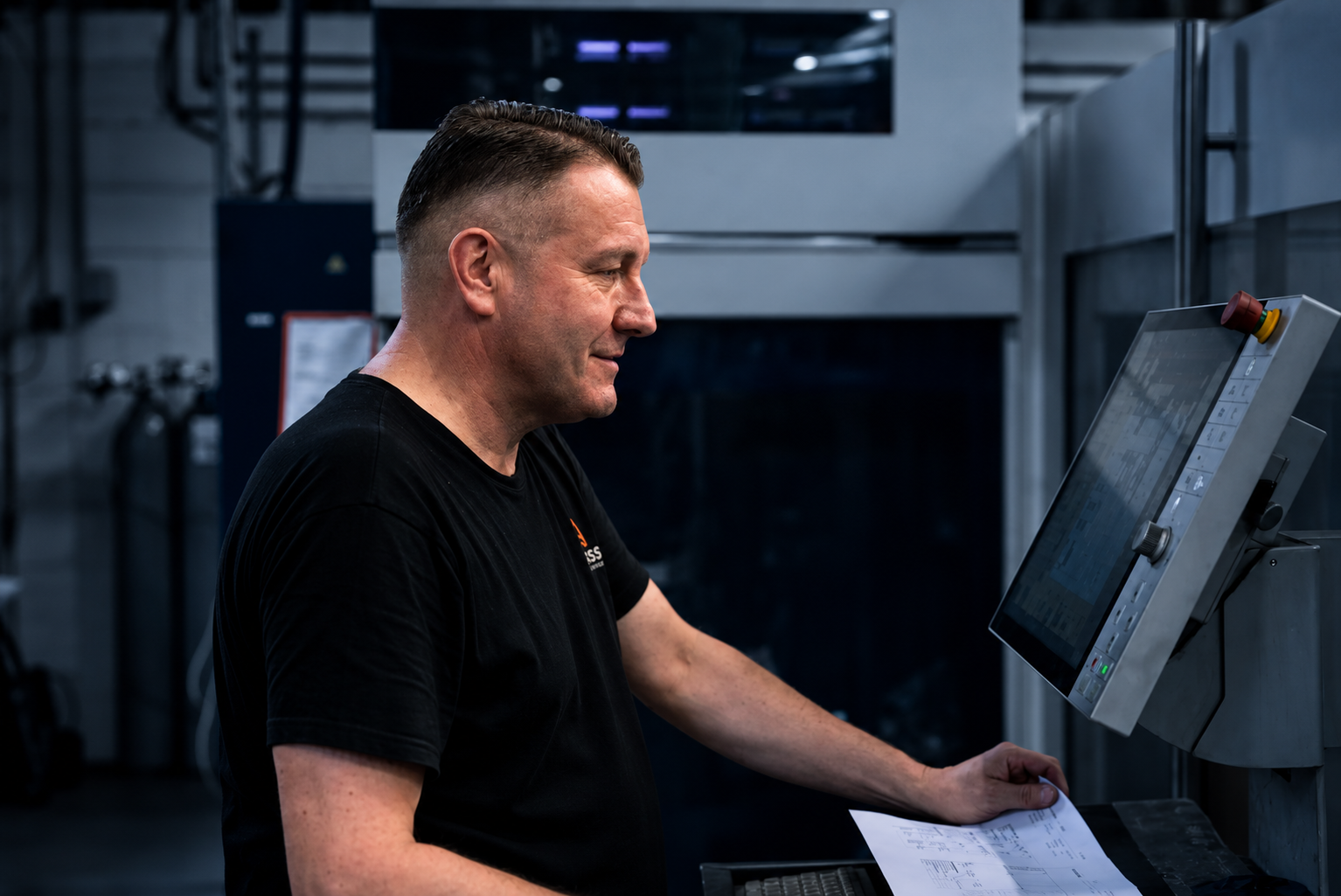 Mitarbeiter von ACROSS Solutions in Metal bedient eine Fertigungsmaschine.