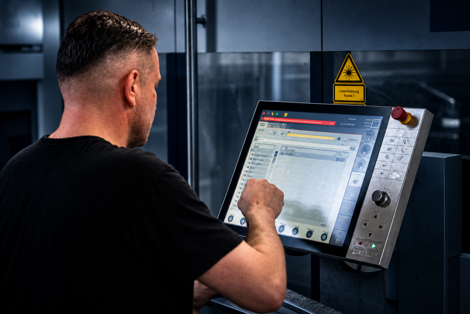Mitarbeiter bedient die Steuerung einer Laserschneidemaschine bei ACROSS Solutions in Metal.