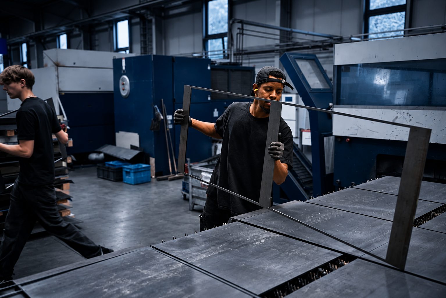 Mitarbeiter von ACROSS Solutions in Metal prüft einen Metallrahmen in der Fertigung.