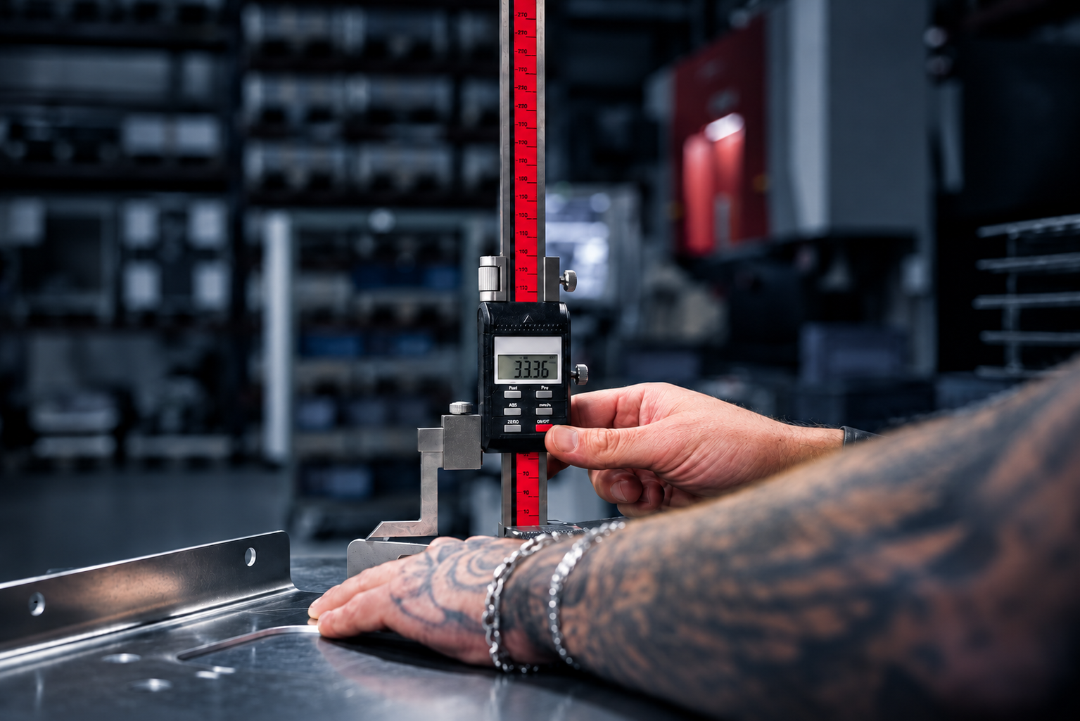 Mitarbeiter prüft ein Metallbauteil mit einem Höhenmessgerät bei ACROSS Solutions in Metal.