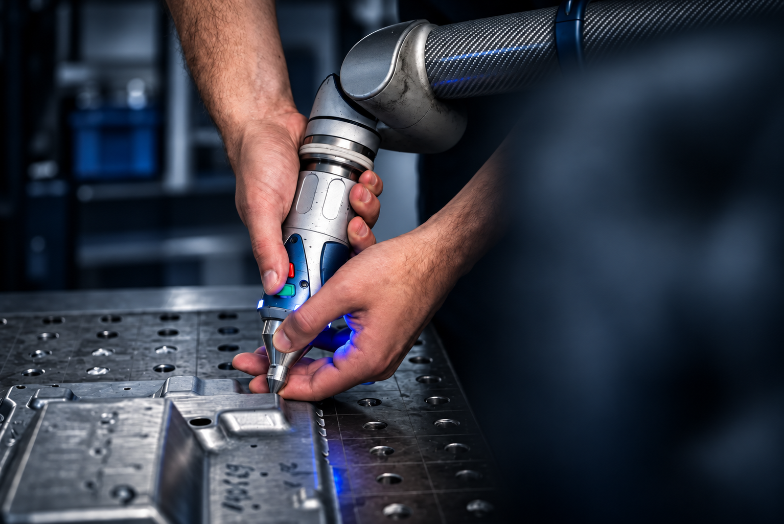 Mitarbeiter misst ein Metallteil mit blauem Messlicht bei ACROSS Solutions in Metal