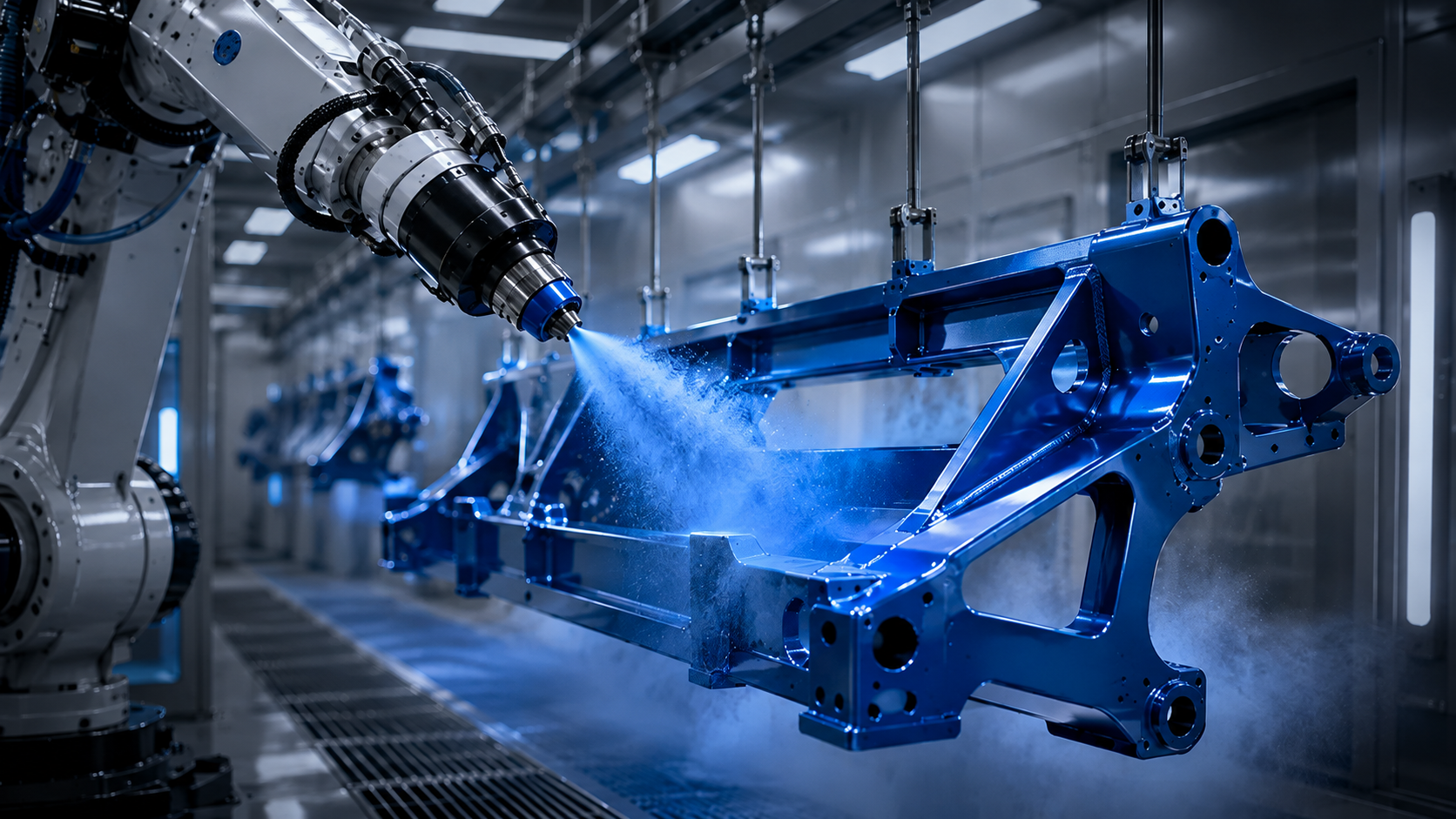 Roboter lackiert ein Metallbauteil bei einer Partnerleistung von ACROSS Solutions in Metal