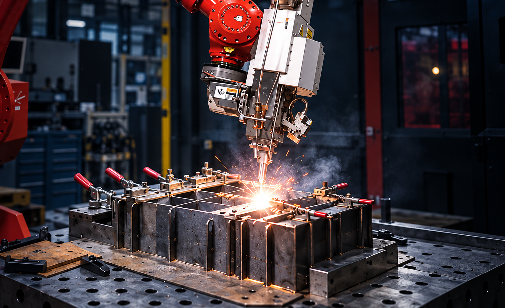 Nahaufnahme des Laserschweißvorgangs an der AMADA FLW-3000 ENSIS M5 bei ACROSS Solutions in Metal