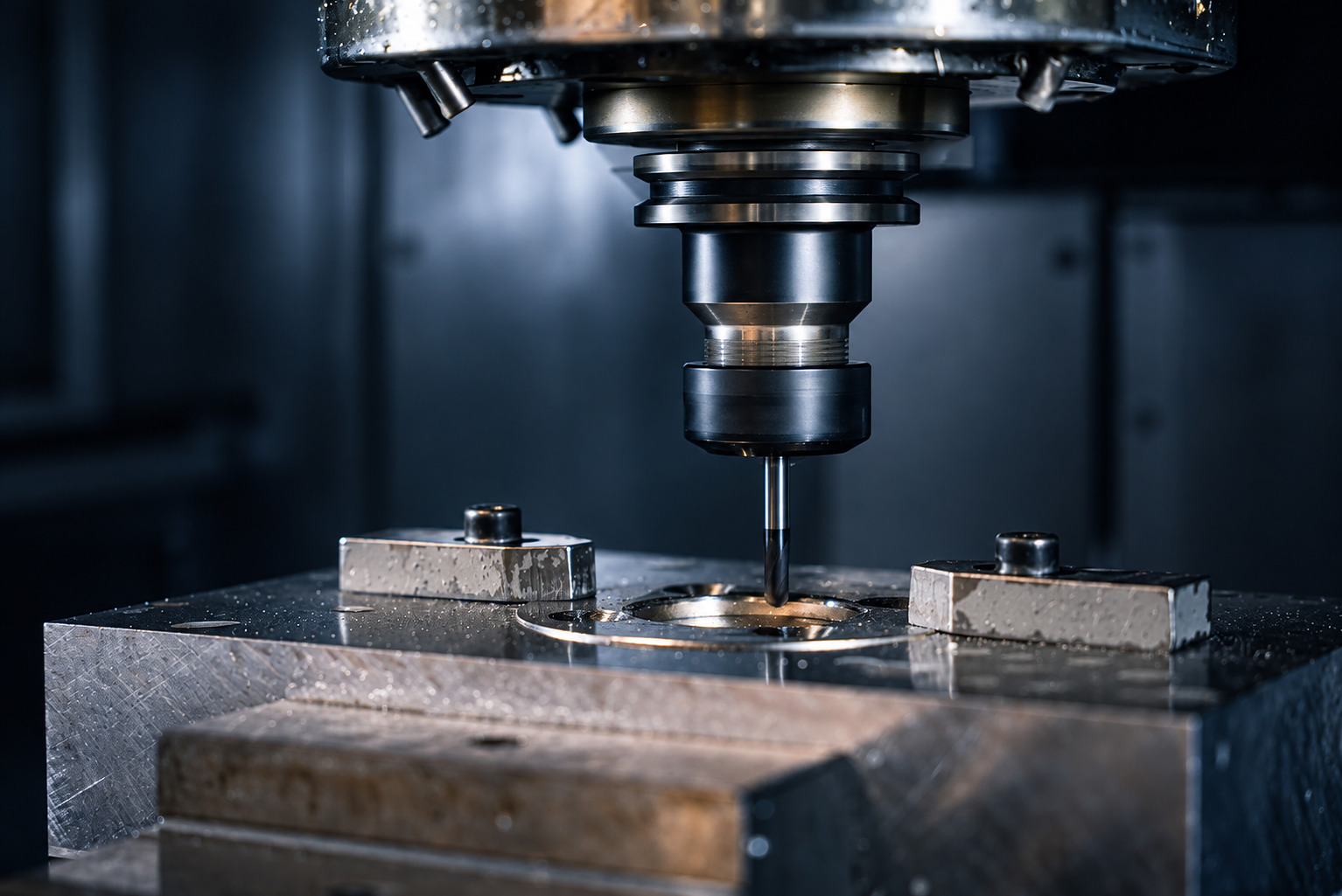 CNC-Fräswerkzeug bearbeitet ein Metallwerkstück bei ACROSS Solutions in Metal
