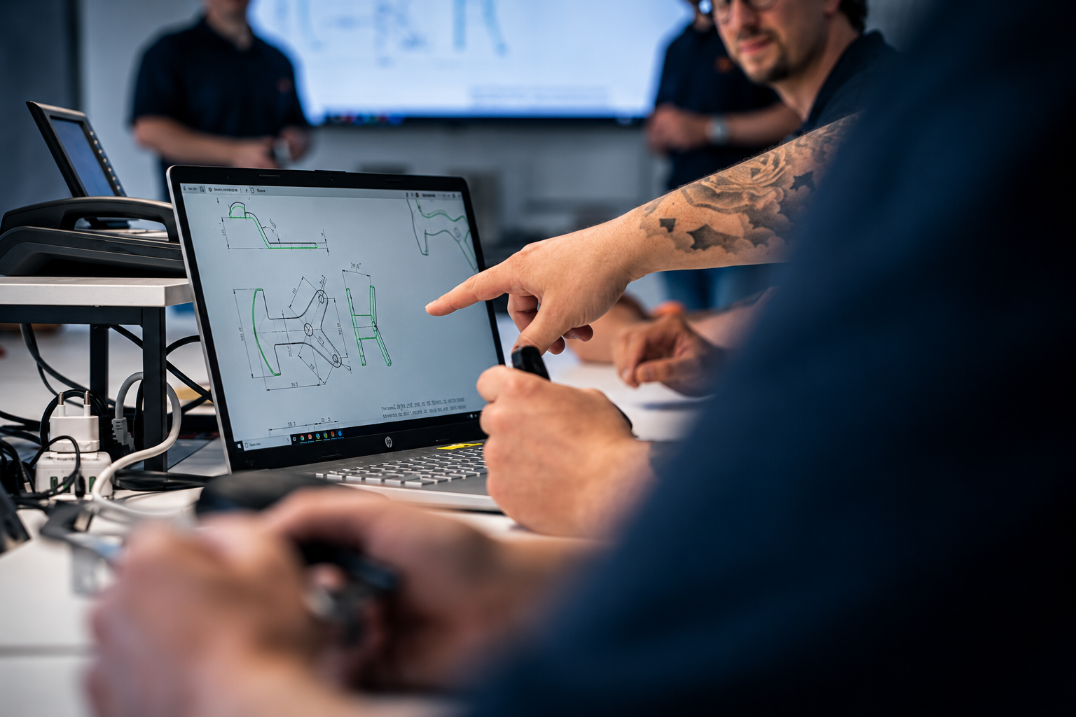 Mitarbeiter besprechen eine technische Zeichnung bei ACROSS Solutions in Metal