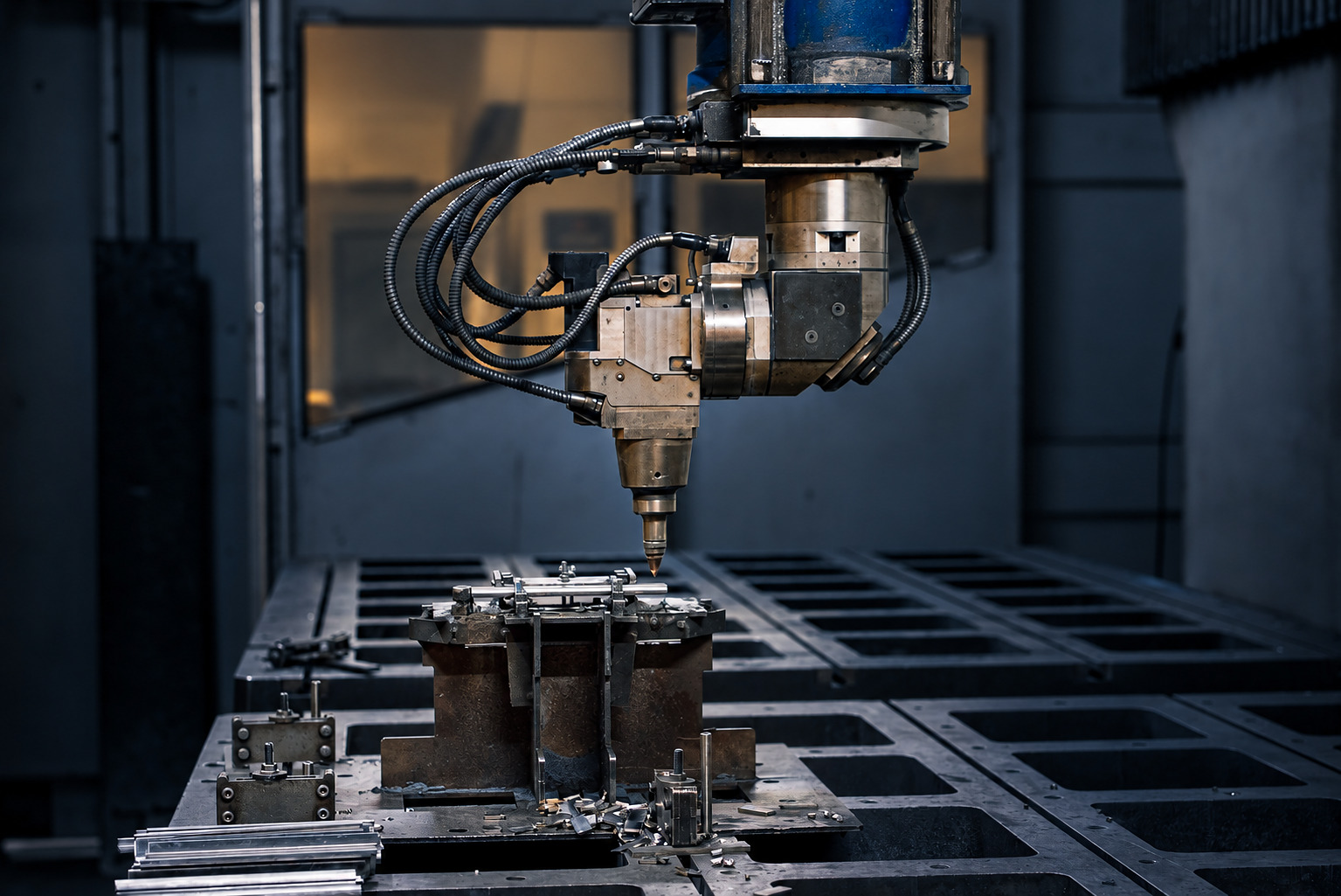 Laserkopf bei der Bearbeitung eines Metallbauteils bei ACROSS Solutions in Metal