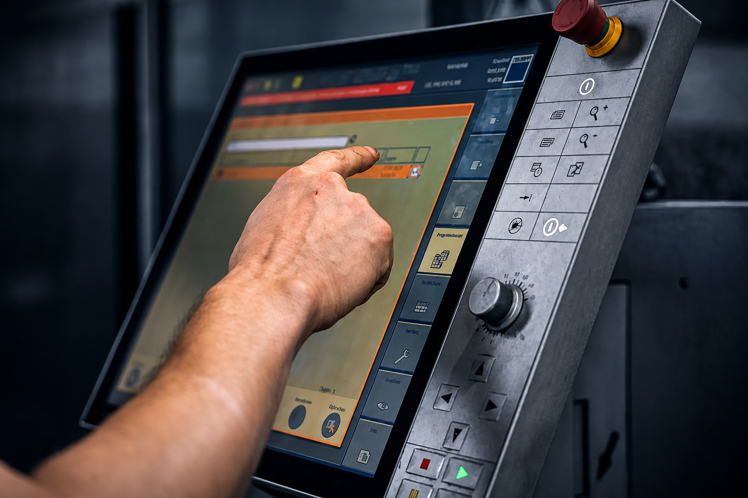 Mitarbeiter bedient das Steuerpanel einer Fertigungsmaschine bei ACROSS Solutions in Metal