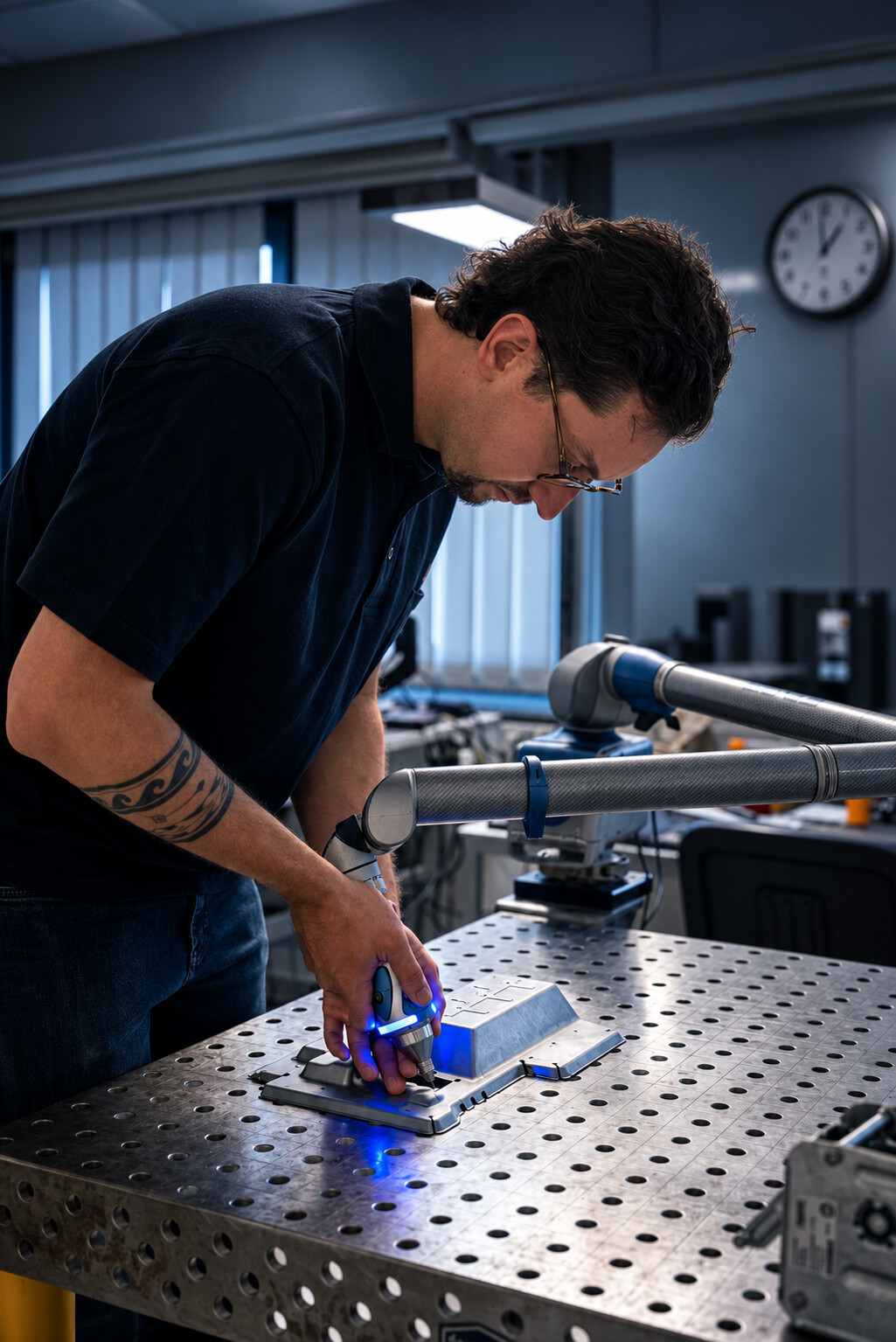 Mitarbeiter prüft ein Metallbauteil mit Messtechnik bei ACROSS Solutions in Metal.