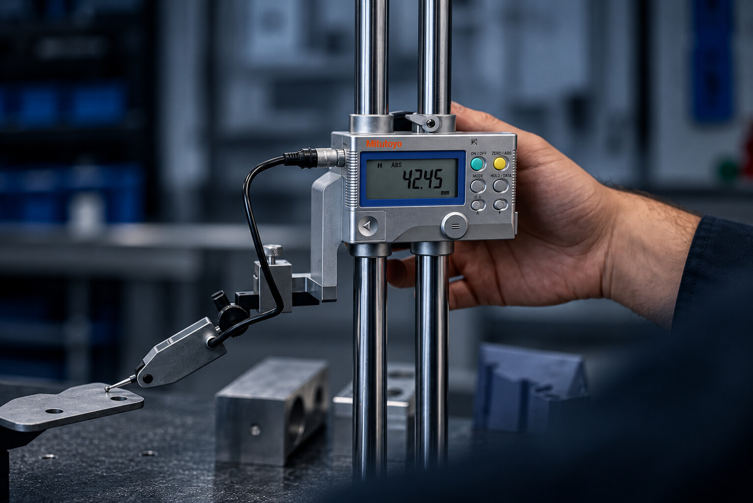 Mitutoyo Präzisionsmessgerät bei der Prüfung eines Metallbauteils bei ACROSS Solutions in Metal.