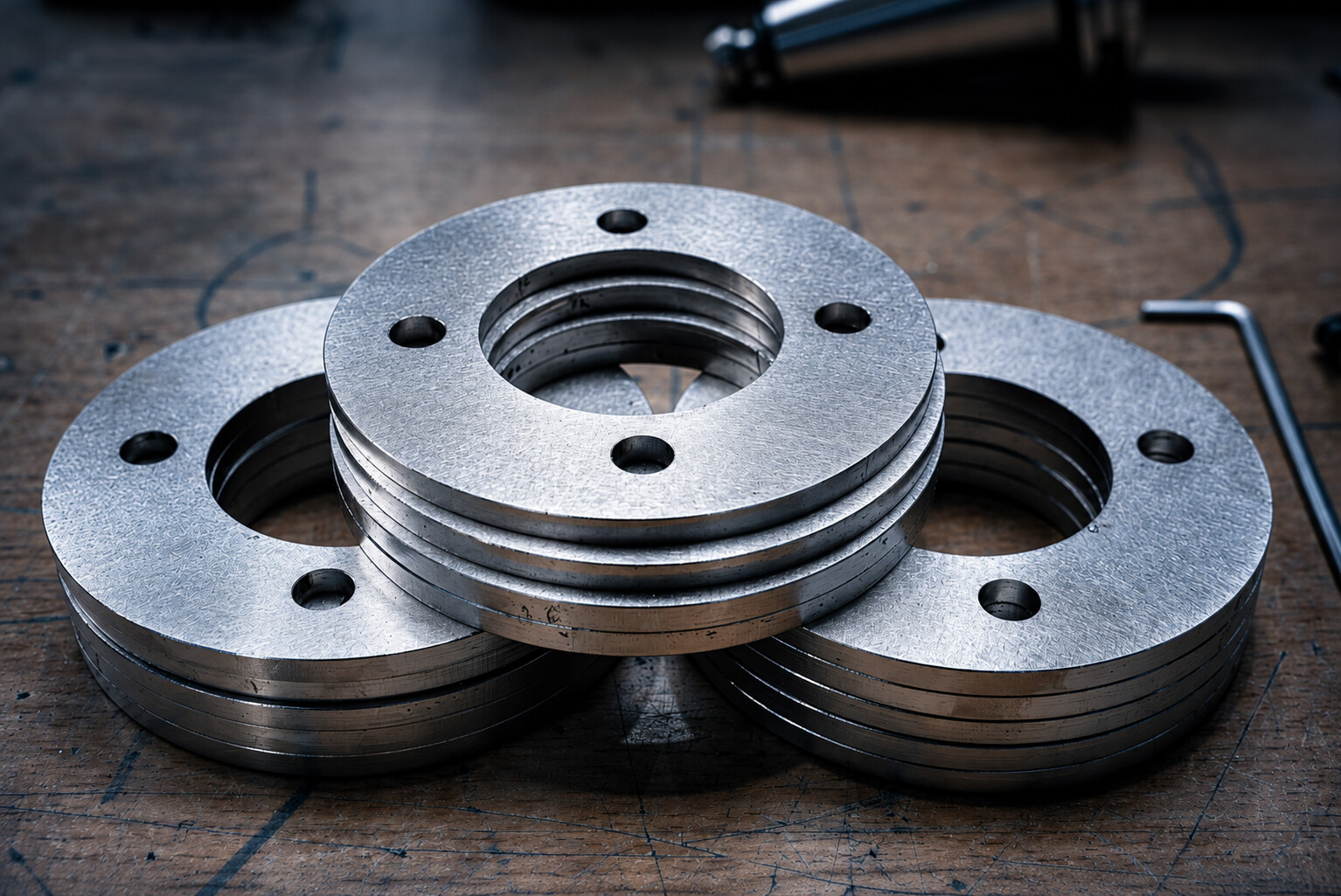 Gestapelte Metallringe und Flansche bei ACROSS Solutions in Metal.