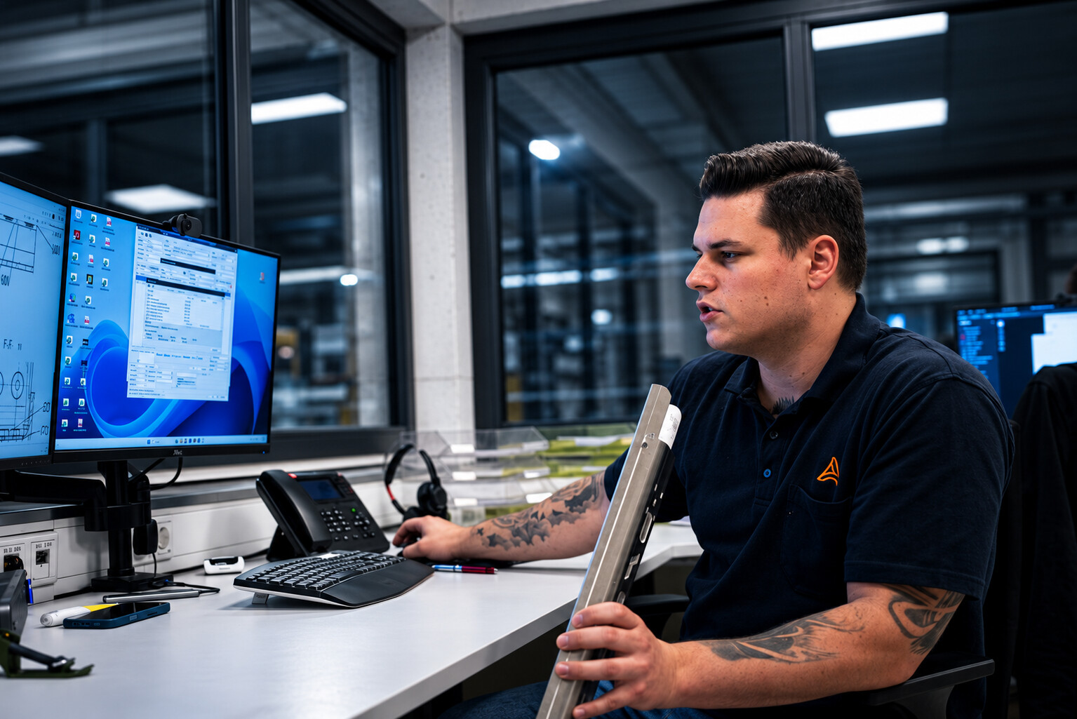 Mitarbeiter prüft ein Metallprofil am Arbeitsplatz bei ACROSS Solutions in Metal.