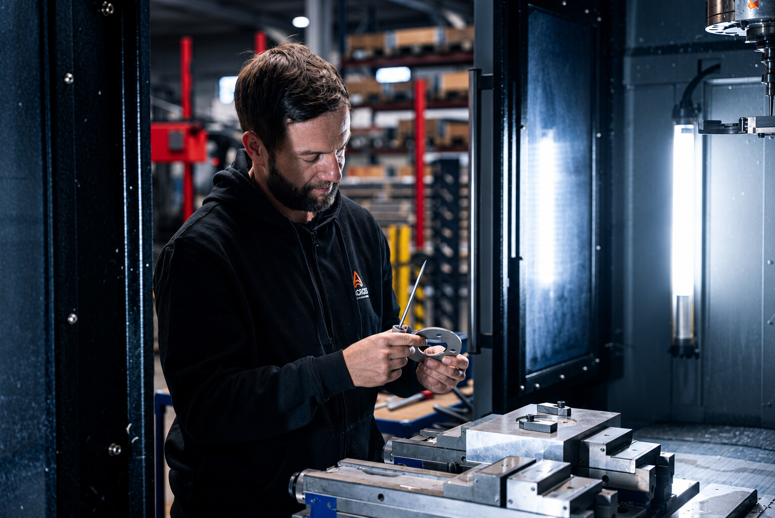 Mitarbeiter prüft ein Metallbauteil an einem Bearbeitungszentrum bei ACROSS Solutions in Metal.