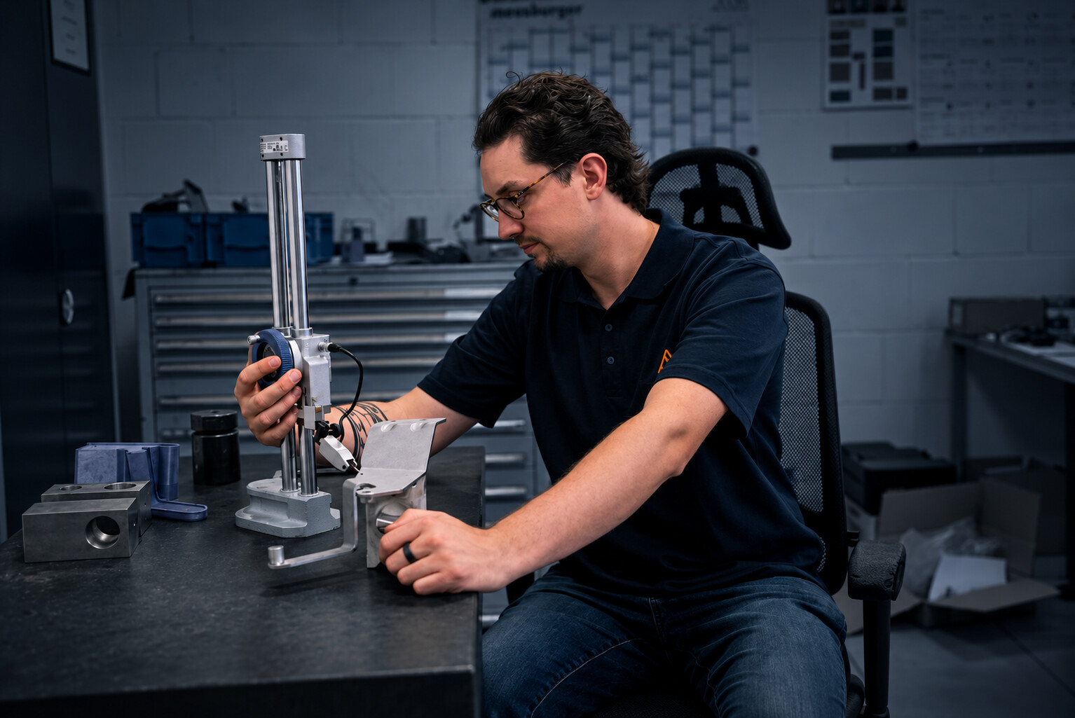 Mitarbeiter prüft ein Metallbauteil mit einem Höhenmessgerät bei ACROSS Solutions in Metal.