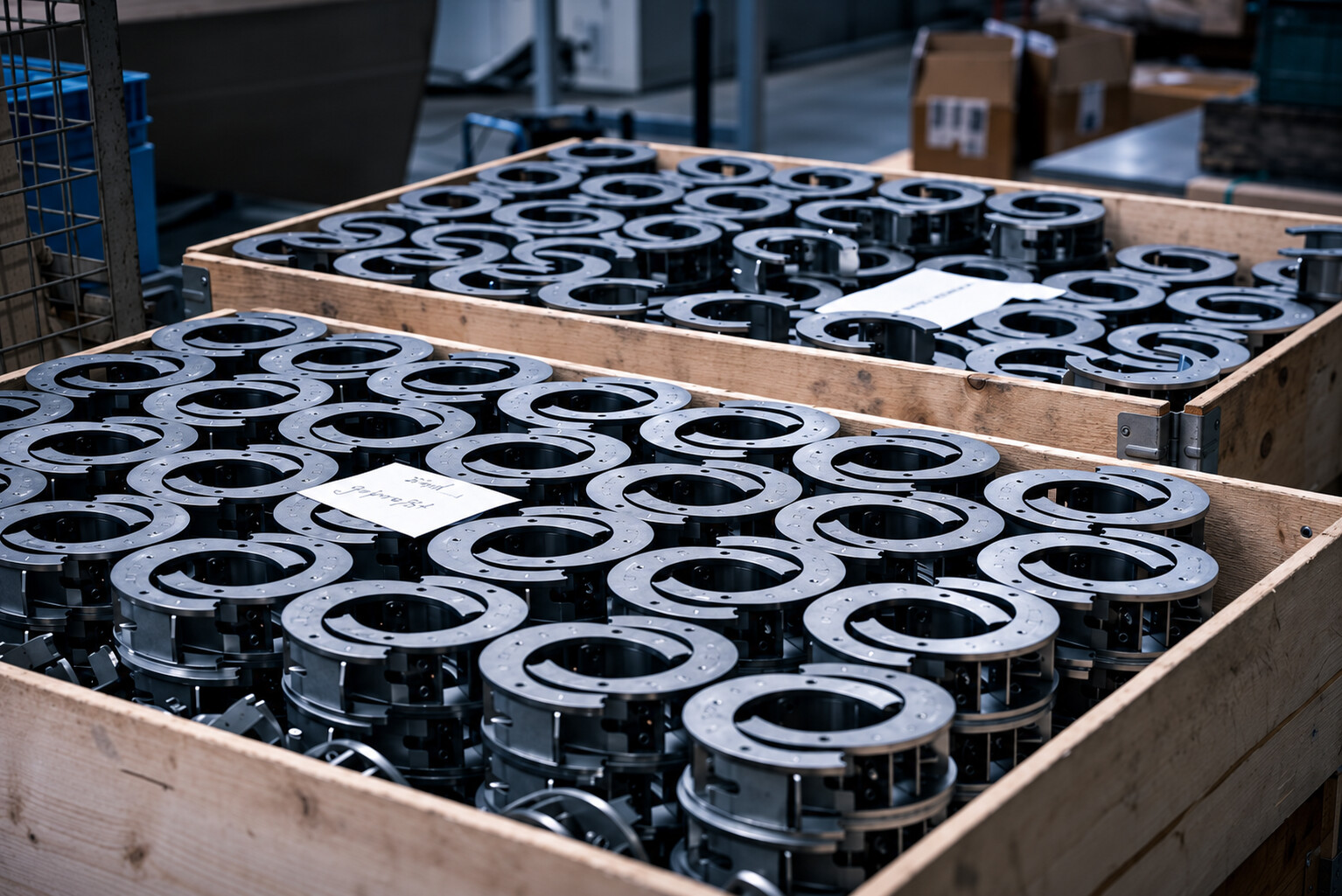 Gefertigte Ringbauteile in Transportkisten bei ACROSS Solutions in Metal.