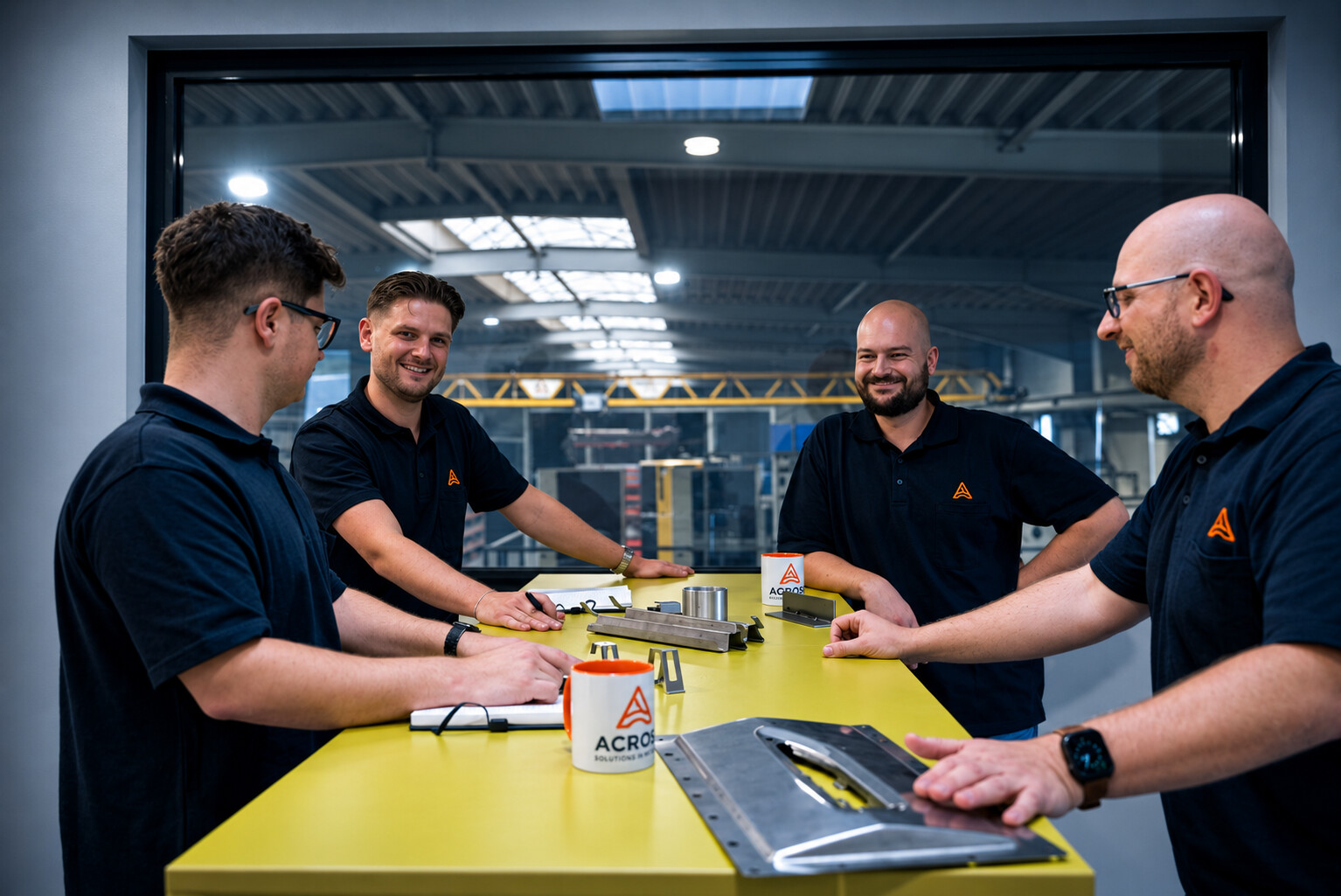 Mitarbeiter besprechen Metallbauteile bei ACROSS Solutions in Metal